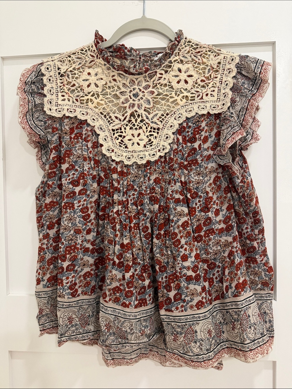 OTHILIA Boho Floral Crochet-Yoke Women’s Top - Cream & Rust - Anthropologie